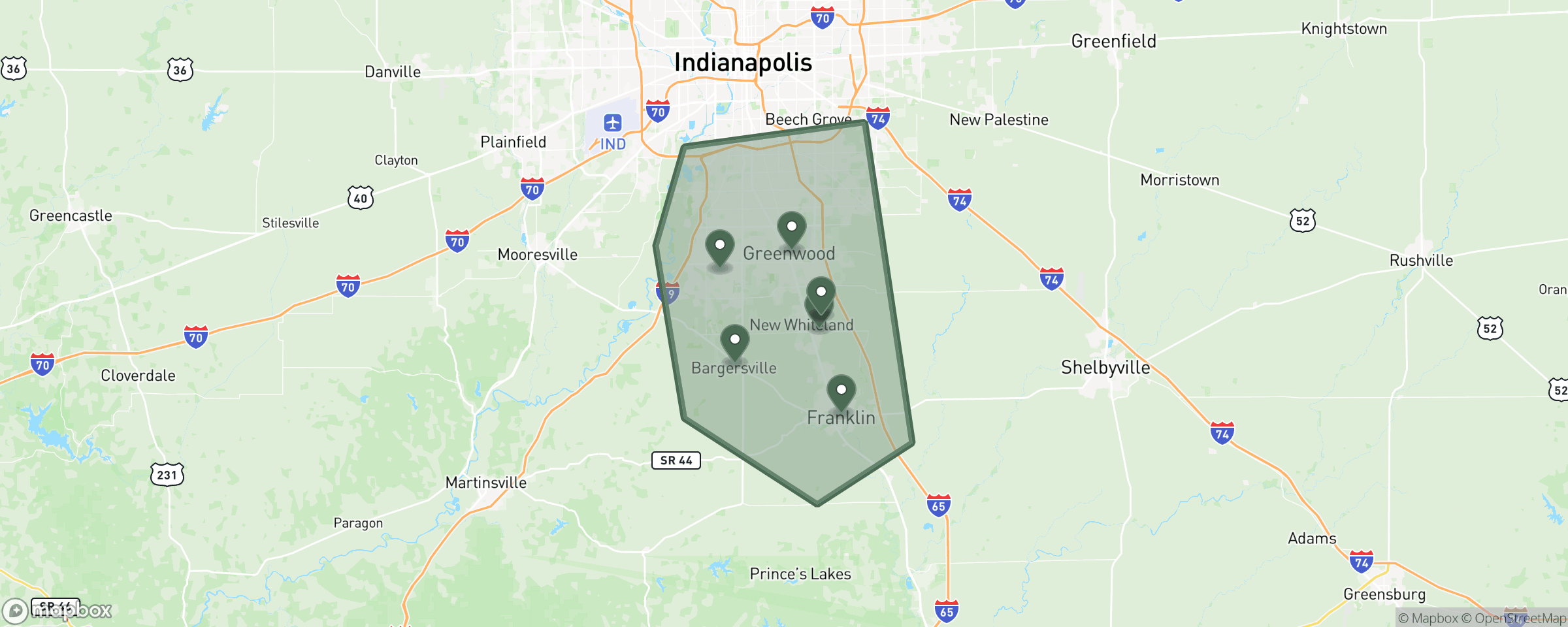 Simply Polished primary service area: a shaded polygon around Greenwood, Bargersville, Whiteland, Franklin, Center Grove, New Whiteland, and the southside of Indianapolis.